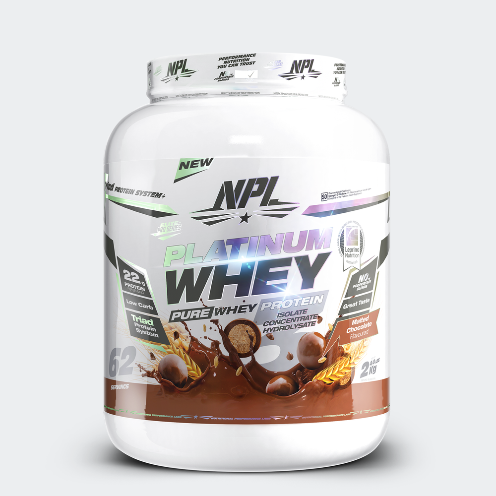 NPL Platinum Whey, a blend of isolate concentrate and hydroisolate for prolonged absorption and greater protein synthesis