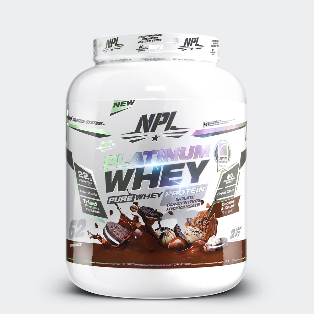 NPL Platinum Whey, a blend of isolate concentrate and hydroisolate for prolonged absorption and greater protein synthesis