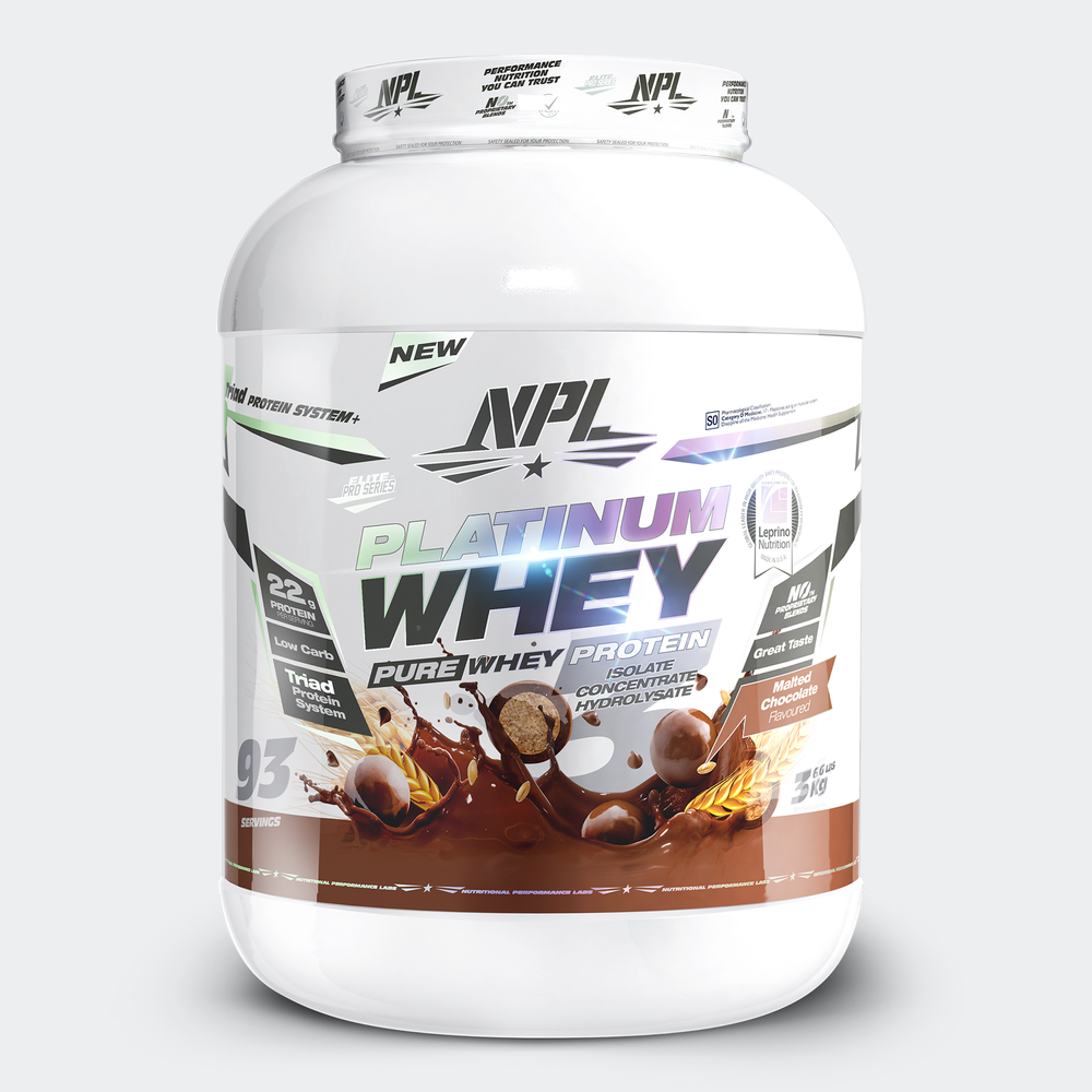 NPL Platinum Whey, a blend of isolate concentrate and hydroisolate for prolonged absorption and greater protein synthesis