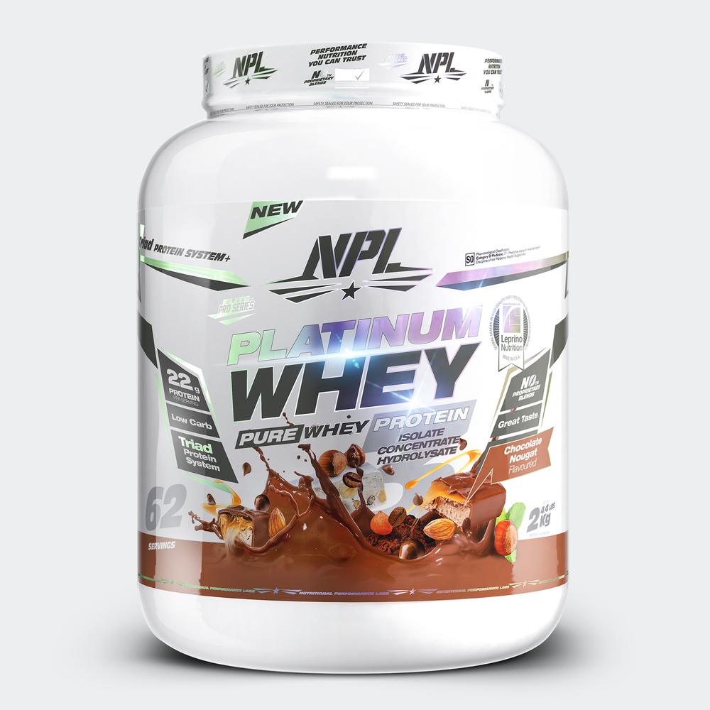 NPL Platinum Whey, a blend of isolate concentrate and hydroisolate for prolonged absorption and greater protein synthesis